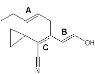 <strong>Choose the best configuration assignments for the three double bonds,labeled A,B and C,in the following compound: </strong> A)A is E,B is E,and C is E B)A is E,B is E,and C is Z C)A is Z,B is Z,and C is E D)A is E,B is Z,and C is E E)A is Z,B is E,and C is Z