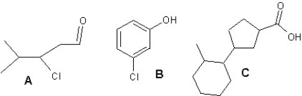 <strong>Provide names for compounds A,B and C: </strong> A)A is 3-chloro-4-methylpentanal,B is meta-chlorophenol and C is 3-(2-methylcyclohexyl)cyclopentanecarboxylic acid B)A is 3-chloro-4-methylpentanol,B is meta-chlorophenol and C is 3-(2-methylcyclohexyl)cyclopentanecarboxylic acid C)A is 3-chloro-4-methylpentanal,B is ortho-chlorophenol and C is 3-(3-methylcyclohexyl)cyclopentanecarboxylic acid D)A is 3-chloro-4-methylpentanone,B is meta-chlorophenol and C is 3-(2-methylcyclohexyl)cyclopentanal E)A is 4-chloro-3-methylpentanal,B is para-chlorophenol and C is 3-(2-methylcyclohexyl)cyclopentanecarboxylic acid