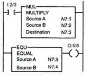 If output 0:5/8 is to be energized when the product of the values stored in words N7:1 and N7:2 is equal to 5 and 20,then the value of the number stored in word N7:4 must be 1000.  