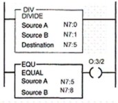 Assume output 0:3/2 is energized and the values of the numbers stored in words N7:0 and N7:1 are 500 and 40,respectively.The value of the number stored in word N7:8 would be 13.  