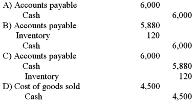 On July 1,B.Darin Company sold merchandise costing $4,500 to S.Dee Company for $6,000,terms 2/10,n/30.Both companies use the perpetual inventory system.S.Dee Company pays the invoice on July 8 and takes the appropriate discount.What is the journal entry that S.Dee Company will make on July 8?