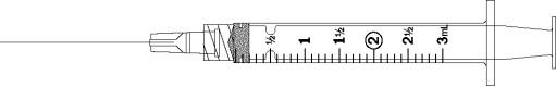 Draw an arrow to point to the volume that corresponds to the dose to be administered with the given equipment. Administer 1.2 mL.