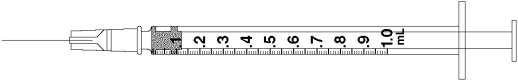 Draw an arrow to point to the volume that corresponds to the dose to be administered with the given equipment. Administer 0.08 mL.