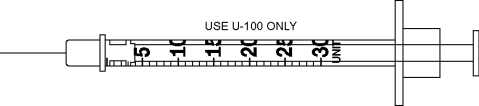 Draw an arrow to point to the volume that corresponds to the dose to be administered with the given equipment. Administer 15 units.