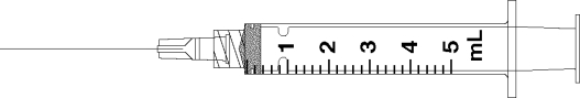 Draw an arrow to point to the volume that corresponds to the dose to be administered with the given equipment. Administer 4.6 mL.