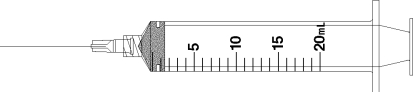 Draw an arrow to point to the volume that corresponds to the dose to be administered with the given equipment. Administer 17 mL.