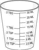 Draw an arrow to point to the volume that corresponds to the dose to be administered with the given equipment. Administer 2 t.