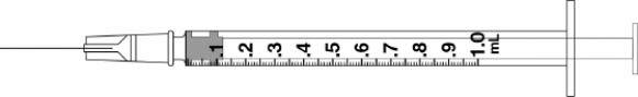 Draw an arrow to point to the volume that corresponds to the dose to be administered with the given equipment. Administer 0.36 mL.