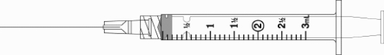 Draw an arrow to point to the volume that corresponds to the dose to be administered with the given equipment. Administer 1.6 mL.