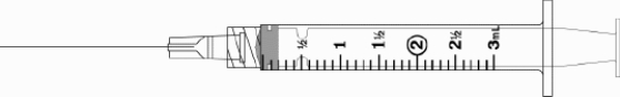 Draw an arrow to point to the volume that corresponds to the dose to be administered with the given equipment. Administer 2.9 mL.