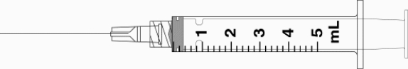 Draw an arrow to point to the volume that corresponds to the dose to be administered with the given equipment. Administer 3.8 mL.