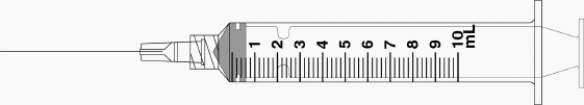 Draw an arrow to point to the volume that corresponds to the dose to be administered with the given equipment. Administer 5.6 mL.