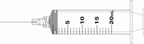 Draw an arrow to point to the volume that corresponds to the dose to be administered with the given equipment. Administer 15 mL.