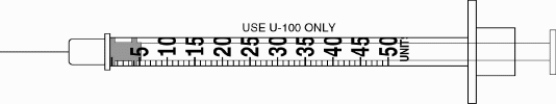 Draw an arrow to point to the volume that corresponds to the dose to be administered with the given equipment. Administer 12 units of insulin.