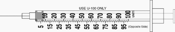 Draw an arrow to point to the volume that corresponds to the dose to be administered with the given equipment. Administer 80 units of insulin.