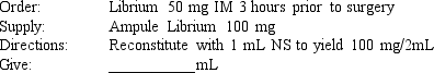 Given: Compute the amount of medication that will be given to administer one dose of the following medication orders by using a proportion to obtain your answers. Round all parenteral administration orders that are over 1 mL to one decimal place. Round all parenteral administration orders under 1 mL to two decimal places. Do not include zeros at the end of decimal numbers. The problems and drug orders are presented for practice only, and actual prescribed dosages will vary according to a patient's age, condition, reaction, additional medications, and other factors.