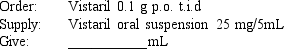 Compute the amount of medication that will be given to administer one dose of the following medication orders using the Dimensional Analysis method to obtain your answers. Assume all tablets are scored, when necessary. Round all parenteral administration orders that are over 1 mL to one decimal place. Round all parenteral administration orders under 1 mL to two decimal places. Do not include zeros at the end of decimal numbers. The problems and drug orders are presented for practice only, and actual prescribed dosages will vary according to a patient's age, condition, reaction, additional medications, and other factors.