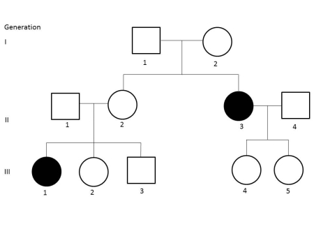 <strong>A pedigree for a particular autosomal recessive human trait is shown below: What is the probability that if III-3 and III-4 marry, their first child will be affected with this trait?</strong> A)1/4 B)1/16 C)3/16 D)1/12 E)1/6