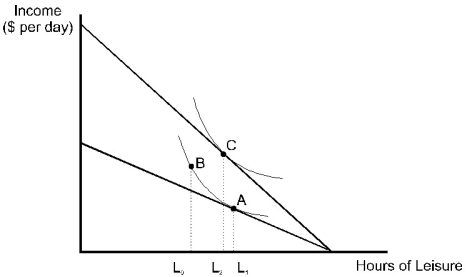 <strong> Figure 14.1 A consumer's original utility maximizing combination of income and leisure is shown in the diagram above as point A.After a wage increase,the consumer's utility maximizing combination changes to point C. Refer to Figure 14.1.The substitution effect of the wage increase on the amount of hours of leisure is:</strong> A)L<sub>1</sub> to L<sub>0 </sub> B)L<sub>1</sub> to L<sub>2</sub>. C)L<sub>0</sub> to L<sub>2</sub>. D)L<sub>0</sub> to L<sub>1</sub>. E)none of the above
