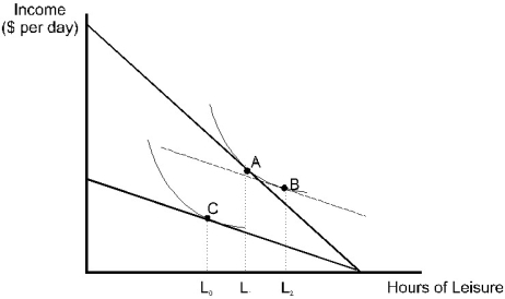 <strong> Figure 14.2 A consumer's original utility maximizing combination of income and leisure is shown in the diagram above as point A.After a wage decrease,the consumer's utility maximizing combination changes to point C. Refer to Figure 14.2.The income effect of the wage decrease on the amount of hours of leisure is:</strong> A)L<sub>0</sub> to L<sub>1</sub>. B)L<sub>0</sub> to L<sub>2</sub>. C)L<sub>1</sub> to L<sub>2</sub>. D)L<sub>2</sub> to L<sub>1</sub>. E)none of the above