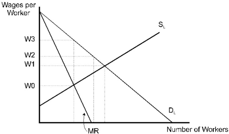 <strong> Figure 14.3 A labor union is exercising monopoly power in the labor market. Refer to Figure 14.3.To maximize the number of workers hired,the labor union will agree to wage rate:</strong> A)W<sub>0</sub>. B)W<sub>1</sub>. C)W<sub>2</sub>. D)W<sub>3</sub>. E)none of the above