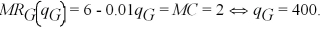 Bernard's reaction function is solved for by equating marginal revenue to marginal cost and solving for Bernard's output as a function of Grand River output.   Given symmetry if Grand River did not have first-move ability,Grand River's reaction function would be:   This implies each firm would produce 266.66 units of bricks if there is no first-move ability.With first move ability,Grand River maximizes profits by setting marginal revenue equal to marginal cost.With first-move ability,this is:   Thus,we see that Grand River captures a larger market share given first-move ability.