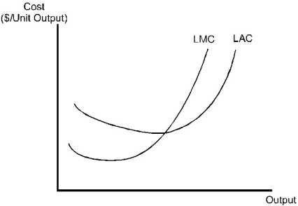 <strong>The LAC and LMC curves in the diagram below are consistent with a production function that exhibits  </strong> A)decreasing returns to scale. B)constant returns to scale. C)increasing returns to scale. D)increasing returns to scale for small levels of output,then constant returns to scale,and eventually decreasing returns to scale as output increases. E)decreasing returns to scale for small levels of output,then constant returns to scale,and eventually increasing returns to scale as output increases. <div style=padding-top: 35px> 