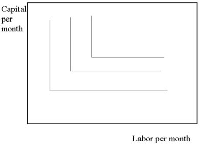 <strong>An examination of the production isoquants in the diagram below reveals that:  </strong> A)capital and labor will be used in fixed proportions. B)Capital and labor are perfectly substitutable. C)the MRTS is constant. D)Both B and C are correct. E)none of the above <div style=padding-top: 35px> 