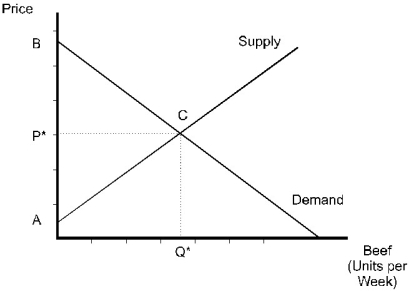 <strong>The price of beef and quantity of beef traded are P and Q,respectively.Given this information,consumer surplus is the area: </strong> A)0BCQ B)ABC C)ACP D)CBP E)0ACQ