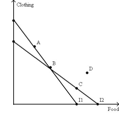 <strong>Please consider the following figure: The consumer chooses A on budget line I1 and B on budget line I2.Which of the following statements is NOT true?</strong> A)A is preferred to B. B)B is preferred to C. C)C is preferred to D. D)A is preferred to C.