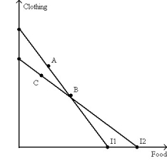 <strong>Please consider the following figure: The consumer chooses A on budget line I1 and B on budget line I2.Which of the following statements is NOT true?</strong> A)B is preferred to C. B)A is preferred to B. C)C is preferred to A. D)All of the statements are correct.