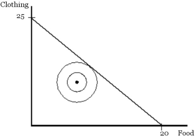 Evelyn Lips' preferences are depicted by the set of indifference curves in the diagram below.Her budget line is also shown in the diagram.Use the information in the diagram to answer the following questions.   a.Which of the basic assumptions of consumer preferences are violated by E.Lips' indifference curves? Explain. b.The price of food is $5 per unit.What is E.Lips' income and what is the price of clothing? c.Show the market basket of food and clothing that maximizes E.Lips' satisfaction.When satisfaction is maximized,has E.Lips equated the marginal rate of substitution (of food for clothing)to the ratio of the prices (of food to clothing)? If so,explain why.If not,explain why not.