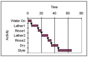 <strong>Consider the Gantt chart shown below where the time scale is in minutes and all activities are performed on an early start basis.How much slack is available in The Great Hair Washing project? </strong> A) 10 minutes B) 15 minutes C) 0 minutes D) 5 minutes