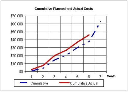 You are the new consultant to the project manager for a large chicken project.During your first meeting with the project manager he brings you up to speed on the project status by showing you these S-curves.You glance at the graph,compose your thoughts,and make what comments on this project?