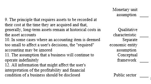 Match the accounting terms with the descriptions by entering the proper number.