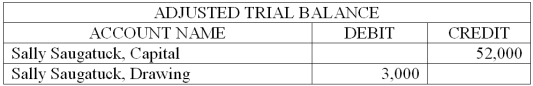 The adjusted trial balance data given below is from the Saugatuck Craft's worksheet for the year ended December 31, 2013. The firm had a net loss of $30,000 for the year. Prepare a statement of owner's equity for the year. No additional investments were made during the period.