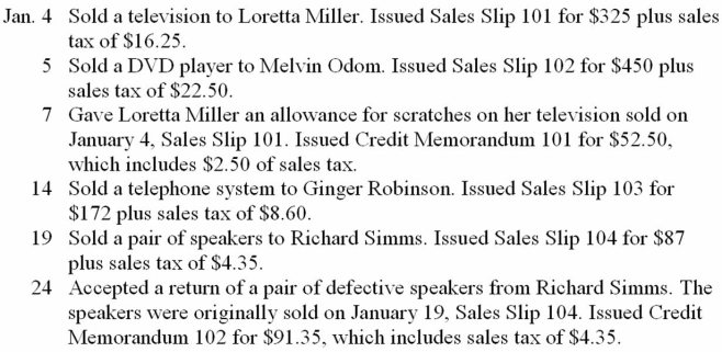 Barnett's Electronics Store had the following transactions during the month of January 2013. Record the transactions on page 1 of a sales journal and page 1 of a general journal. Total, prove, and rule the sales journal as of January 31.