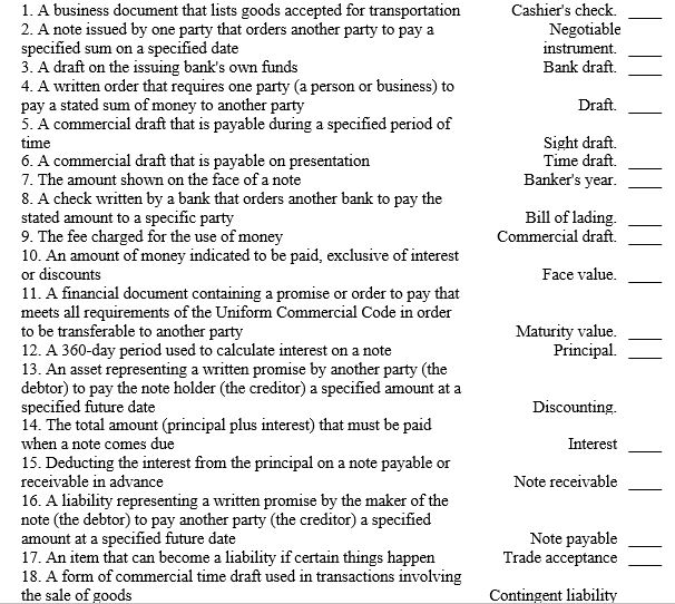 Match the accounting terms with the description by entering the proper number.