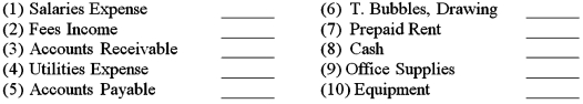 The balances for the accounts listed below appear in the trial balance of Bubbles,Inc.Identify whether each balance would appear on the Income Statement (IS),the Balance Sheet (BS)or the Statement of Owner's Equity (OE),by entering the appropriate letters in the spaces below.(There is only one correct answer for each)