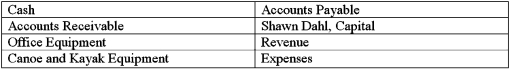 On September 1,Shawn Dahl established Whitewater Rentals,a canoe and kayak rental business.The following transactions occurred in the month of September and affected the following accounts: Transactions 1.Shawn Dahl invested $45,000 in cash to open the business 2.Paid $12,700 in cash for the purchase of kayak and canoe equipment 3.Paid $1,050 in cash for rent expense 4.Purchased additional kayak and canoe equipment for $3,800 on credit 5.Received $3,900 in cash for kayak rentals 6.Rented canoes and kayaks for $1,200 on account 7.Purchased office equipment for $125 in cash 8.Received $800 in cash from credit clients 9.Shawn Dahl withdrew $1,500 in cash for personal expenses Based on the information shown in transaction #4 above,indicate the accounts affected and use plus and minus to show the changes caused by the transaction.