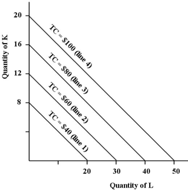 <strong>The figure below shows the isocost lines facing a firm producing golf tees.   FIGURE 8- 5 Refer to Figure 8- 5. This firm can be a cost minimizer by producing on isocost line</strong> A) -- not determinable from the information provided. B) 4 only. C) 1 only. D) 2 only. E) 3 only. <div style=padding-top: 35px> 