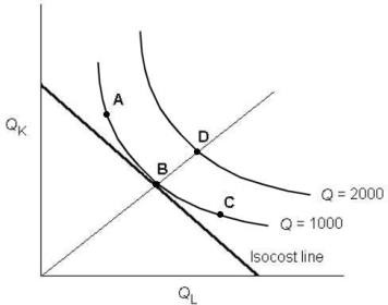 <strong>  FIGURE 8- 4 Refer to Figure 8- 4. A firm that is producing an output of 2000 units will minimize its costs at point</strong> A) A. B) B. C) C. D) D. E) not enough information provided to be sure. <div style=padding-top: 35px> 