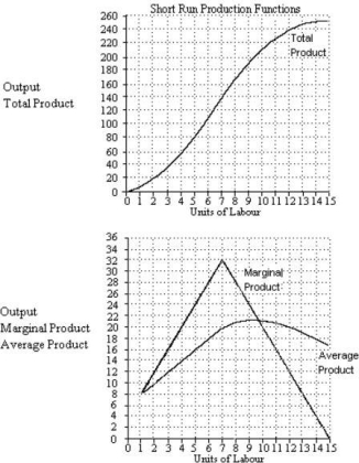 <strong> FIGURE 7- 1 Refer to Figure 7- 1. Total product is increasing at a decreasing rate</strong> A) from 0 to 20 units of output. B) from 0 to 32 units of output. C) between 140 to 200 units of output. D) between 140 to 250 units of output. E) over the whole production range.
