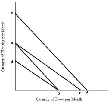 <strong>The diagram below shows a set of budget lines facing a household. FIGURE 6- 7 Refer to Figure 6- 7. The movement of the budget line from ab to db could be caused by</strong> A) a decrease in the price of housing. B) a decrease in the price of food. C) an increase in the price of housing. D) an increase in the price of food. E) a decrease in money income.