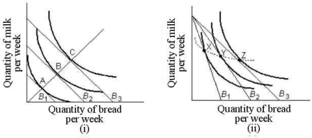 <strong> FIGURE 6- 8 Refer to Figure 6- 8. In part (i), the consumer is able to move from point A to point B because of</strong> A) a decrease in money income. B) a decrease in the price of one good and an increase in money income. C) a decrease in the price of bread. D) a decrease in the price of milk. E) an increase in real income.