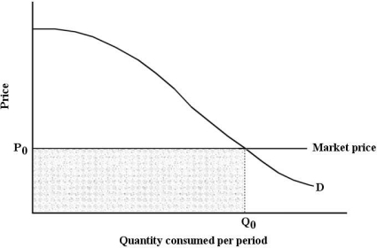 <strong> FIGURE 6- 6 Refer to Figure 6- 6. Suppose that price is P0. Total consumer surplus is then given by the area</strong> A) under the demand curve to the left of Q0, but above P0. B) under the demand curve to the left of Q0. C) under the entire demand curve. D) above the market price. E) below P0 and to the left of Q0.