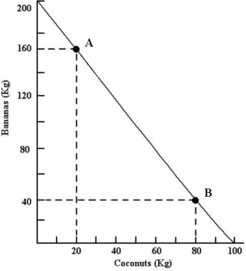 <strong>The diagram below shows Robinson Crusoe's annual production possibilities boundary for the production of bananas and coconuts. FIGURE 33- 3 Refer to Figure 33- 3. Suppose that a trading partner offers to give coconuts to Robinson Crusoe in exchange for his bananas. If Robinson Crusoe is to improve his consumption possibilities, the terms of trade must be 1 kg coconuts for</strong> A) 5 kg bananas. B) 4 kg bananas. C) 3 kg bananas. D) 2 kg bananas. E) 1 kg bananas.