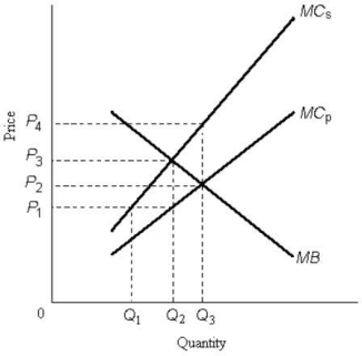 <strong>The figure below shows the marginal benefit to consumers, MB, the marginal cost to private firms, MCp, and the marginal cost to society, MCs, at each level of output of some good. FIGURE 17- 1 Refer to Figure 17- 1. The price that leads consumers to demand the socially optimal quantity of output is</strong> A) P3. B) P2. C) P1. D) zero. E) not possible to know from the information given.