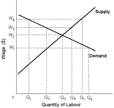 <strong> FIGURE 14- 5 Refer to Figure 14- 5. If this labour market were perfectly competitive, the predicted wage and employment level would be</strong> A) W2 and Q3. B) W3 and Q4. C) W1 and Q2. D) W4 and Q5. E) W3 and Q2.