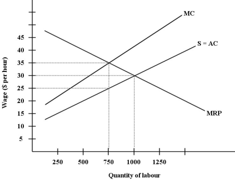 <strong>The diagram below shows the supply and demand for labour in a hypothetical town in northern British Columbia, with only one employer, a logging company. FIGURE 14- 4 Refer to Figure 14- 4. Compared to the outcome in a competitive labour market, the wage and employment outcome in this town's monopsonistic labour market are as follows:</strong> A) wages are higher by $10 per hour and employment is lower by 250 units of labour. B) wages are lower by $5 per hour and employment is lower by 250 units of labour. C) wages are lower by $10 per hour and employment is the same as the competitive outcome. D) wages and employment are both the same as the competitive outcome. E) wages are the same as the competitive outcome and employment is higher by 250 units if labour.